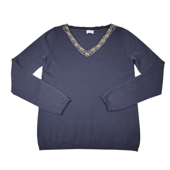 TSE Beaded Cashmere Sweater Sz L Gray  V-Neck Old Money Quiet Luxury Casual Chic - Picture 12 of 12